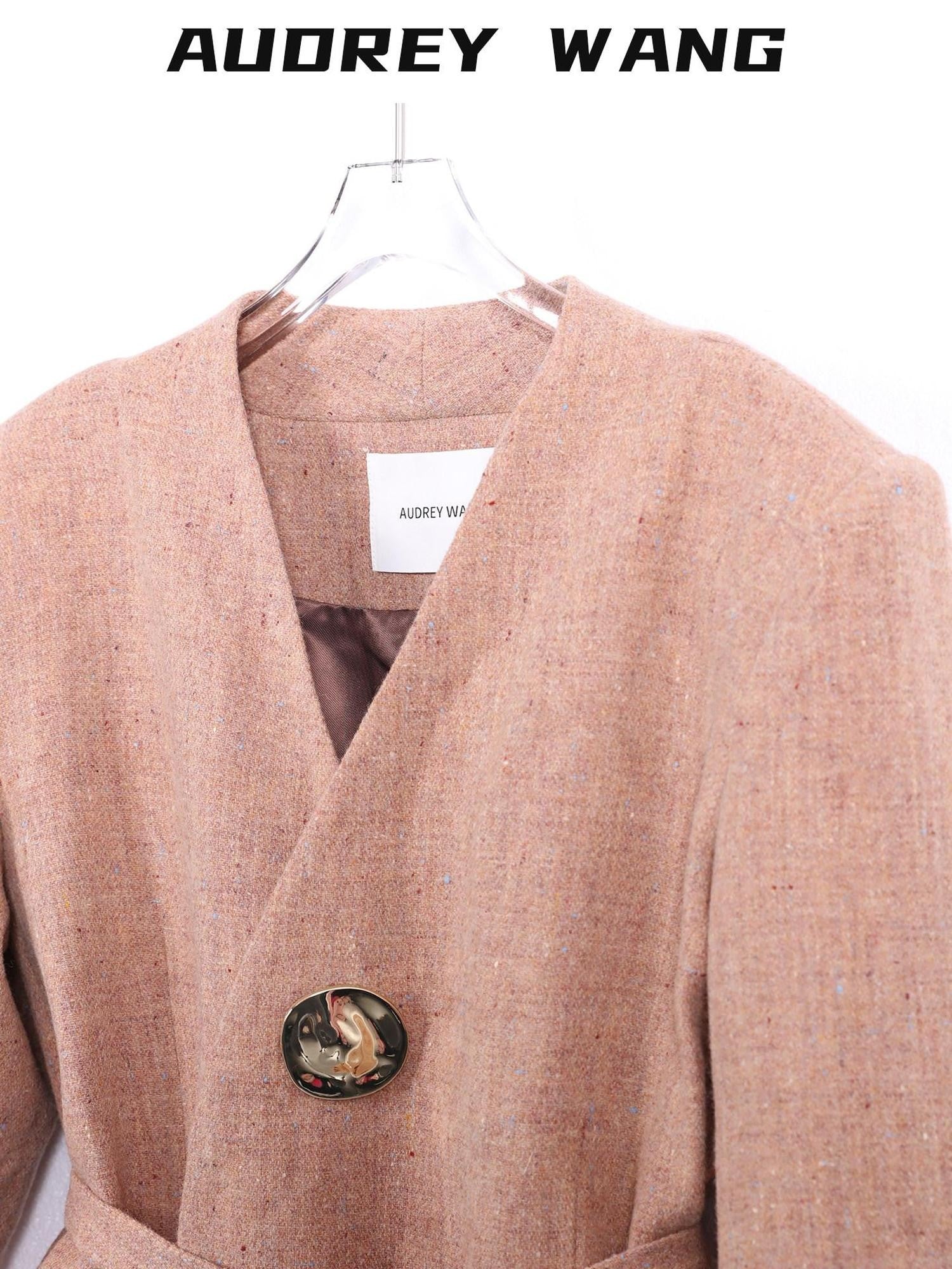 audreyyang Soft Lambswool Relaxed Fit Belted V-neck For Women Light Coffee Blazers