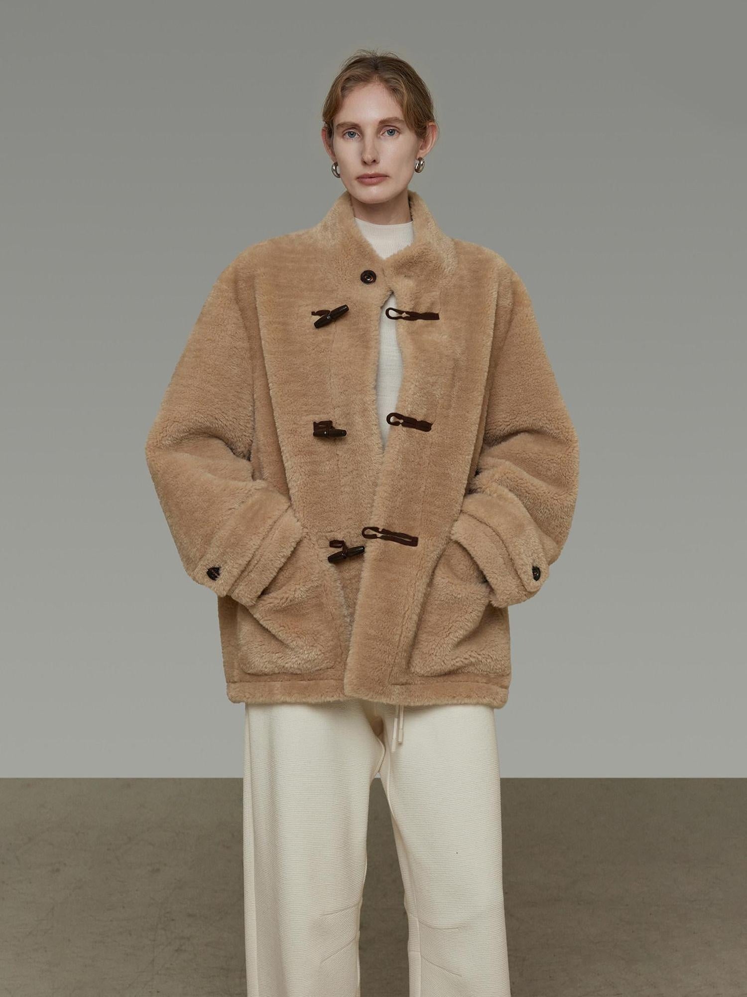 unspoken Warm Fur Lined Oversized Stand Collar Khaki Women Short Coat