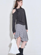 fano Plaid Asymmetric Hem Mid Waist Loose Casual Women Polyester Blend Midi Skirts