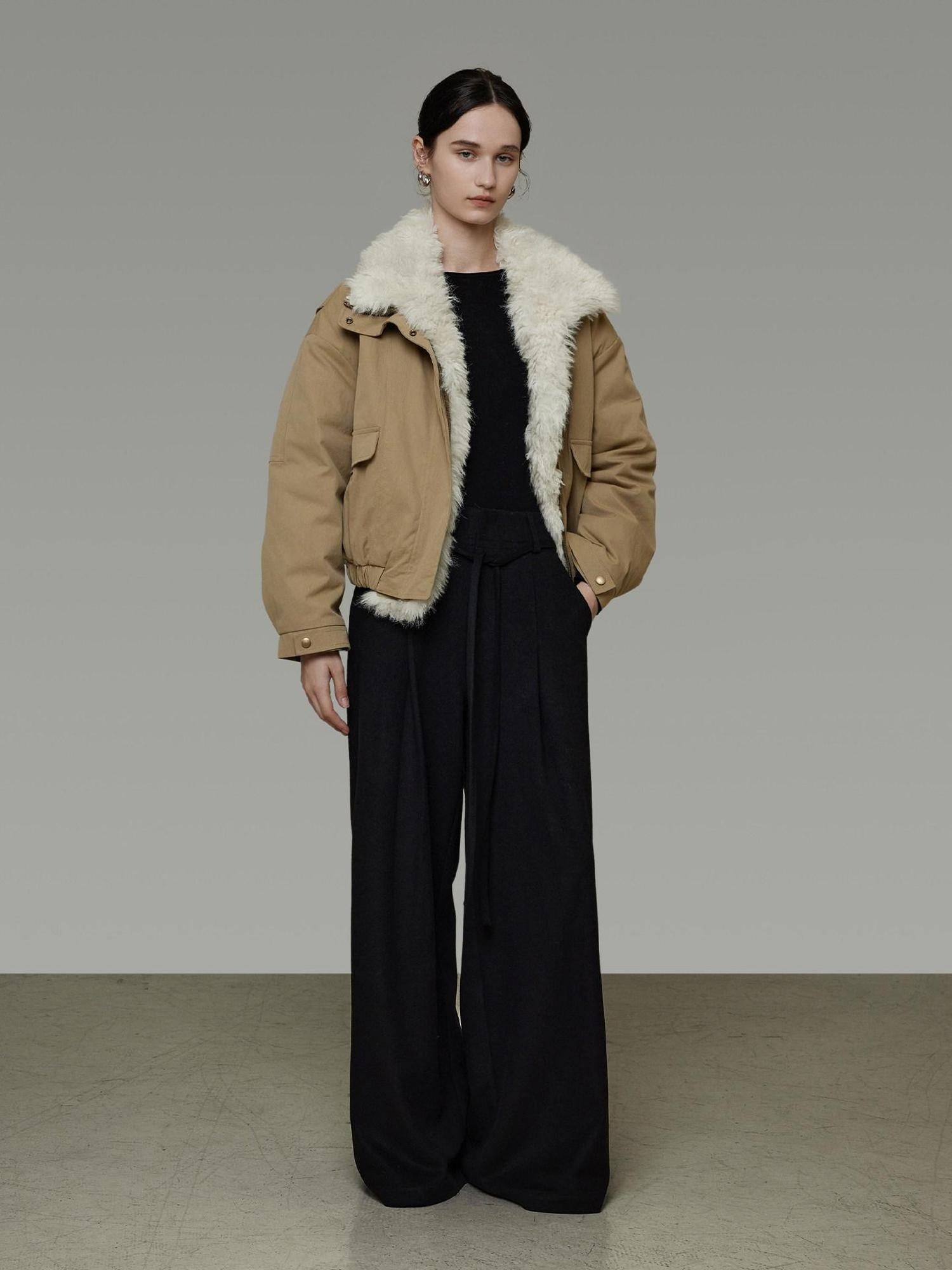 unspoken Thick Cotton Padded Patchwork Cropped Loose Commuter Khaki Puffer Jackets