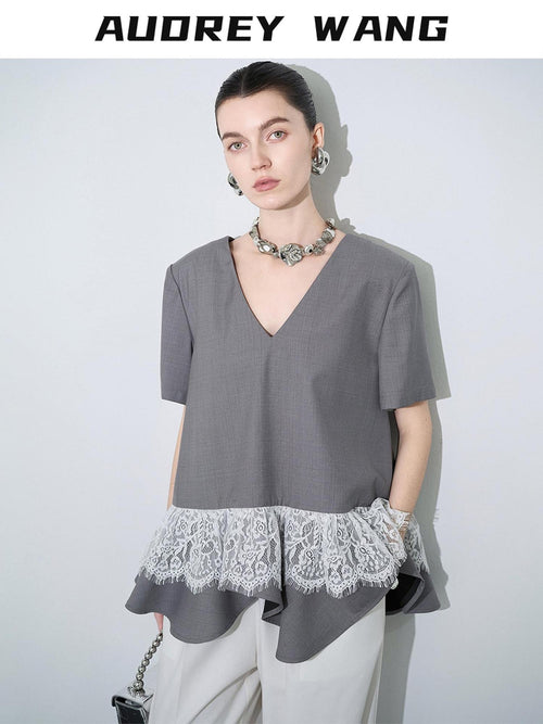 audreyyang Cotton Blend Commuter Patchwork Loose V-neck Heather Gray Short Sleeve T-Shirts