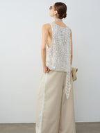 audreyyang Elegant Lace Natural Waist Office Loose Womens White Linen Blend Wide Leg Pants