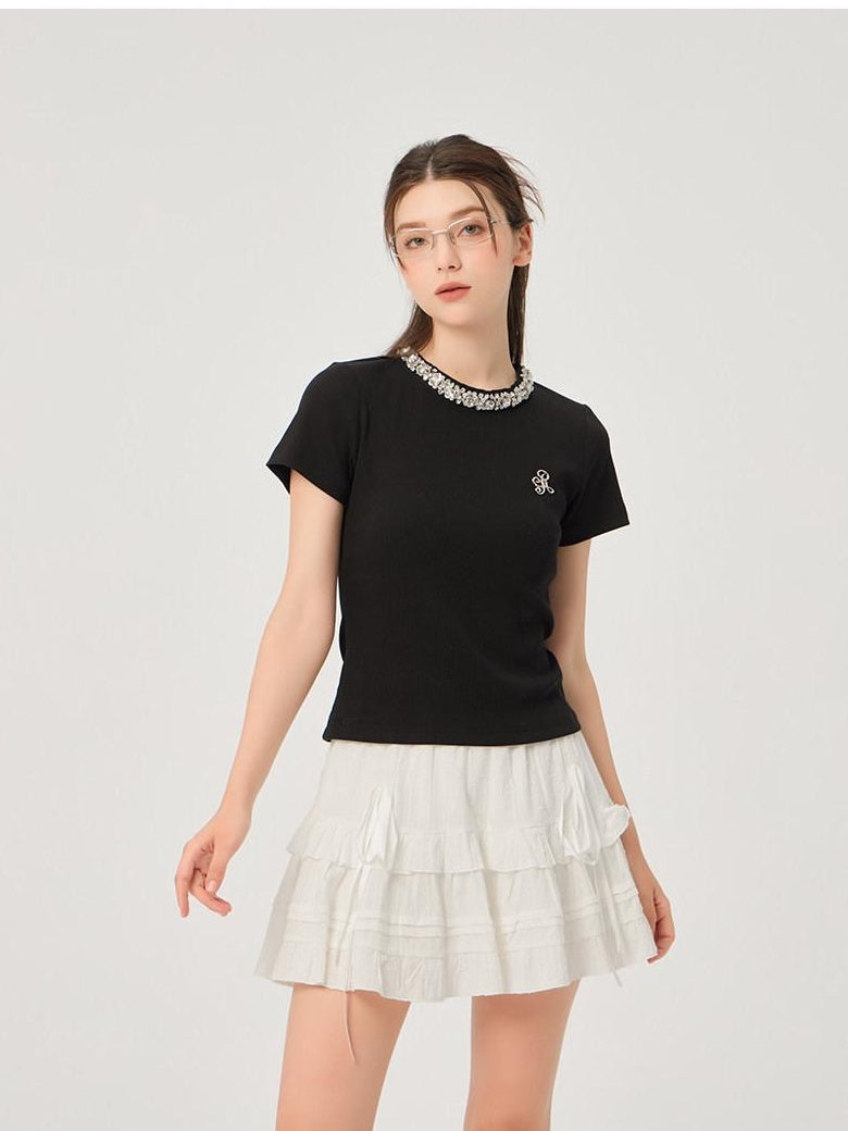 ikyou Durable Cotton Blend Slim Fit Short Sleeve Crewneck Women Black Basic Crop Tops