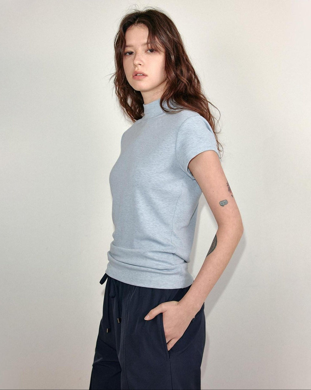 fano Stretch Slim Korean Commuter Mock Neck Women Short Sleeve T-Shirts