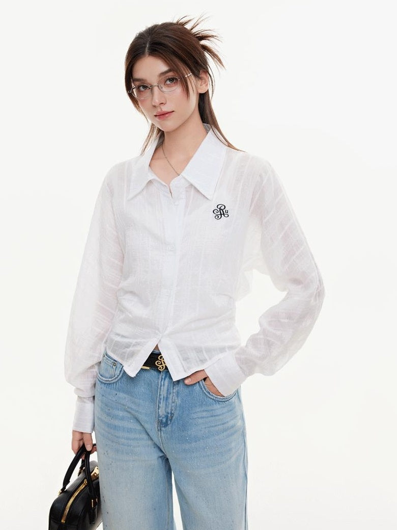 ikyou Breathable Lyocell Embroidered Slim Lapel Cardigan Short Work Women Shirts