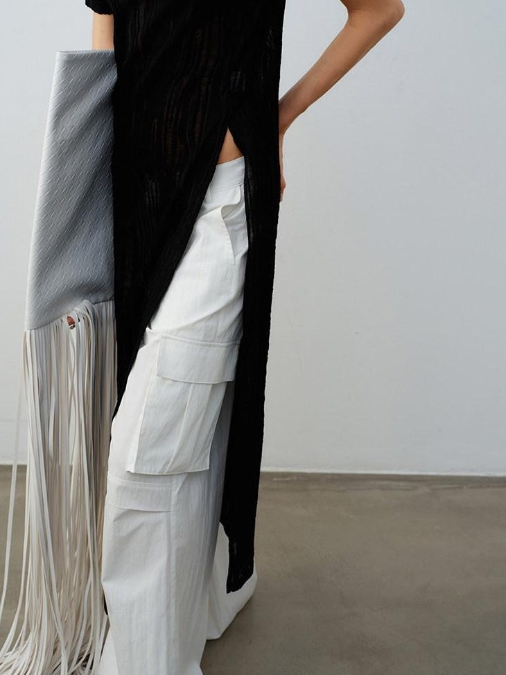 audreyyang Natural Waist Cotton Nylon Blend Loose Office Women White Straight Pants
