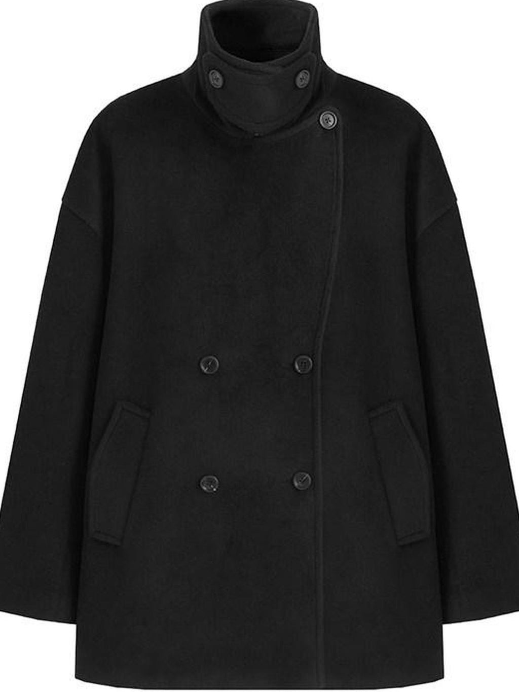 fano Double Breasted Stand Collar Commuter Loose Fit Women Black Pocket Wool Coats