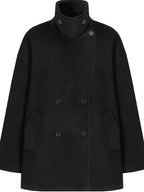 fano Double Breasted Stand Collar Commuter Loose Fit Women Black Pocket Wool Coats