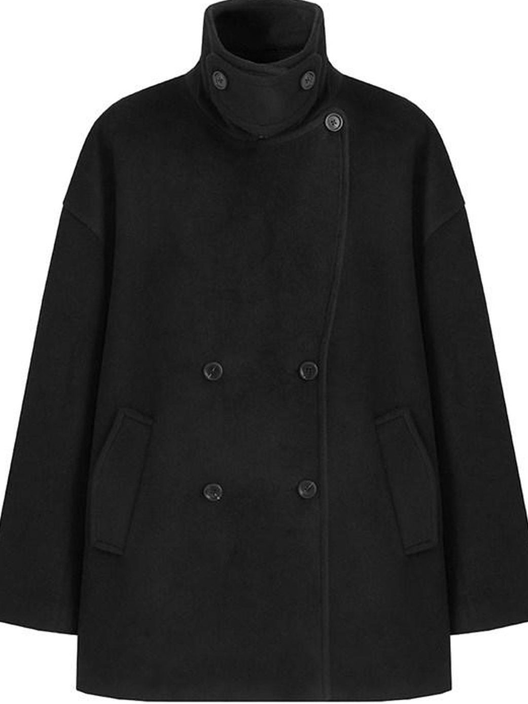 fano Double Breasted Stand Collar Commuter Loose Fit Women Black Pocket Wool Coats