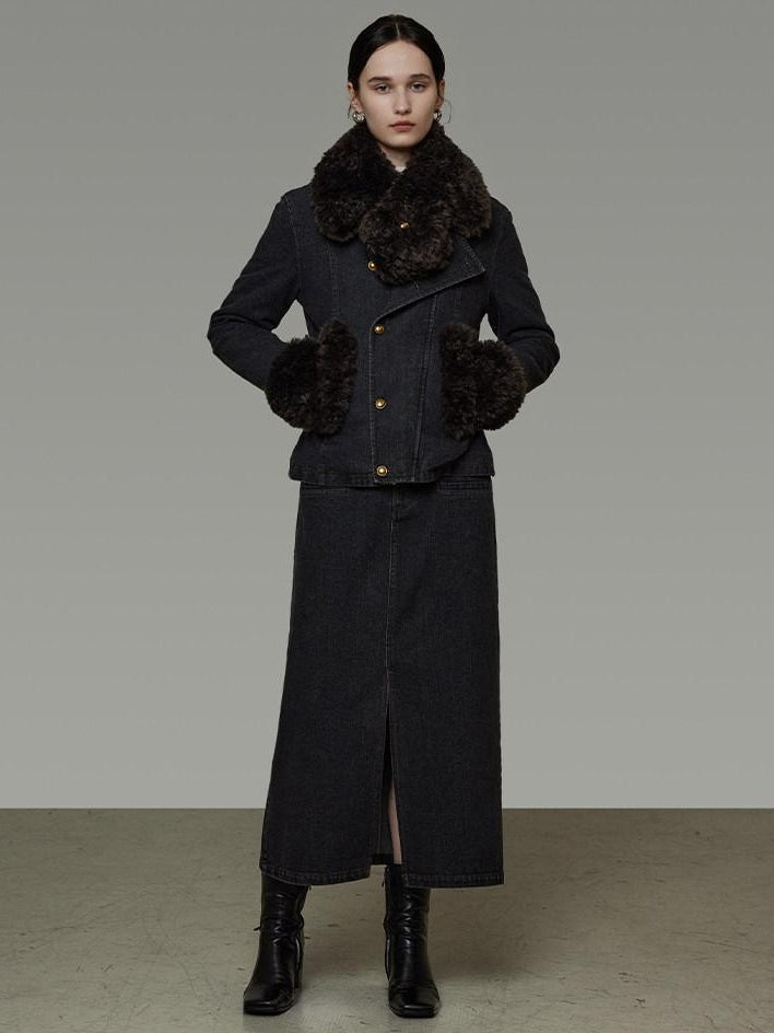 unspoken Warm Buttoned Panel Slim High Waist Long Sleeve Women Black Top & Skirt Sets