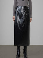 unspoken High Waist Pu Leather A Line Lined Black Commuter Skirt For Women Midi Skirts