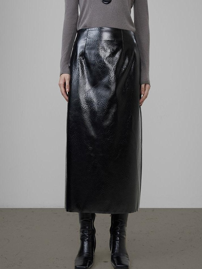 unspoken High Waist Pu Leather A Line Lined Black Commuter Skirt For Women Midi Skirts