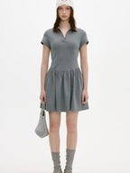 fano Soft Cotton Vintage Polo Collar A Line Natural Waist Girl Deep Gray Midi Dresses