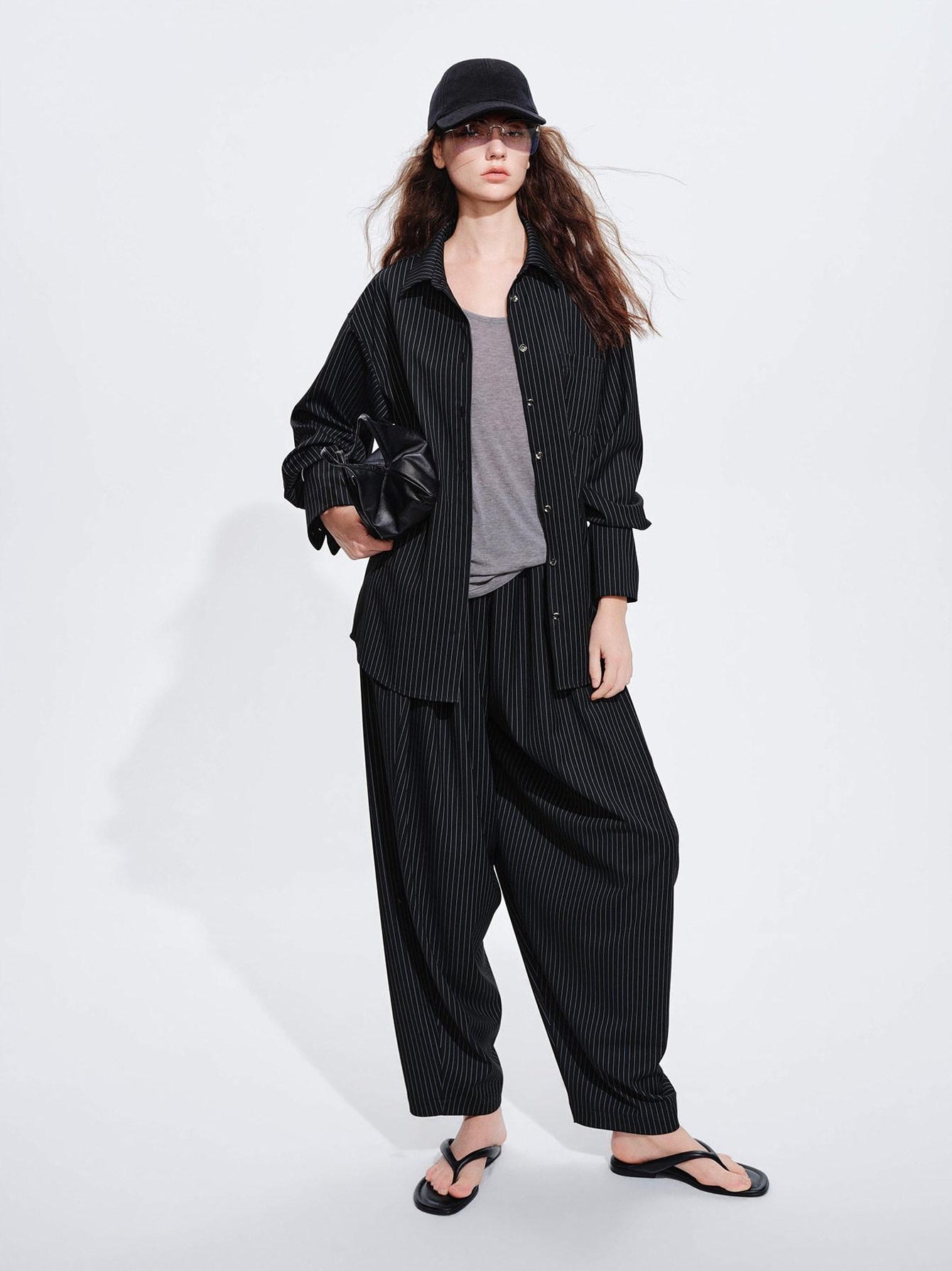 audreyyang Striped Relaxed Lapel Button Long Sleeve Casual Women Polyester Top & Pants Sets
