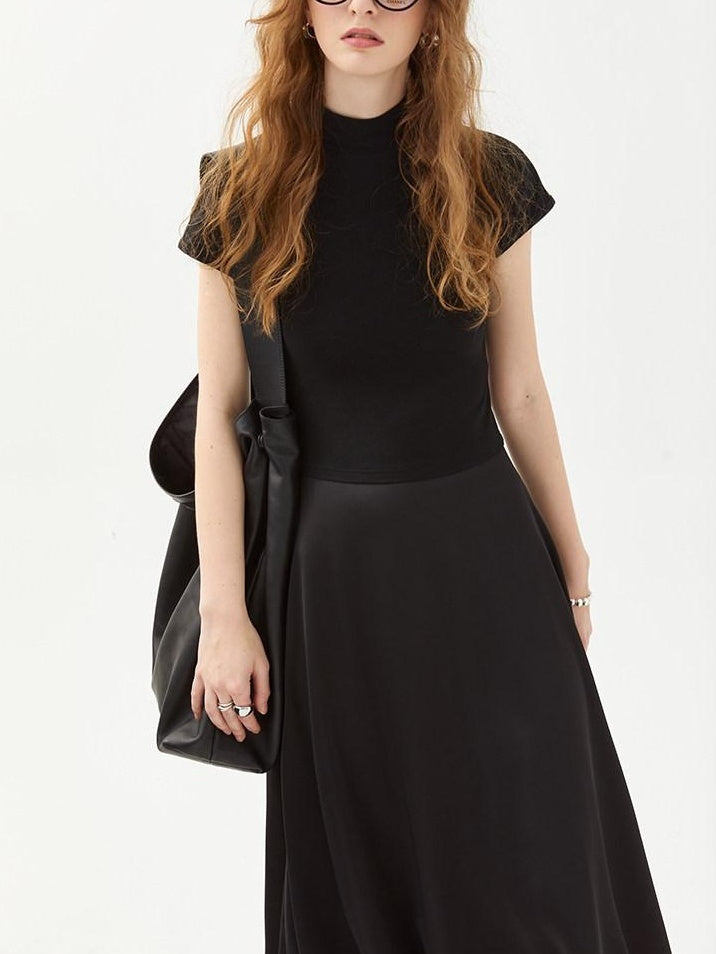 fano High Waist Minimalist Office A Line Short Sleeve Mock Neck Black Midi Dresses