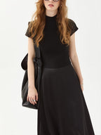 fano High Waist Minimalist Office A Line Short Sleeve Mock Neck Black Midi Dresses