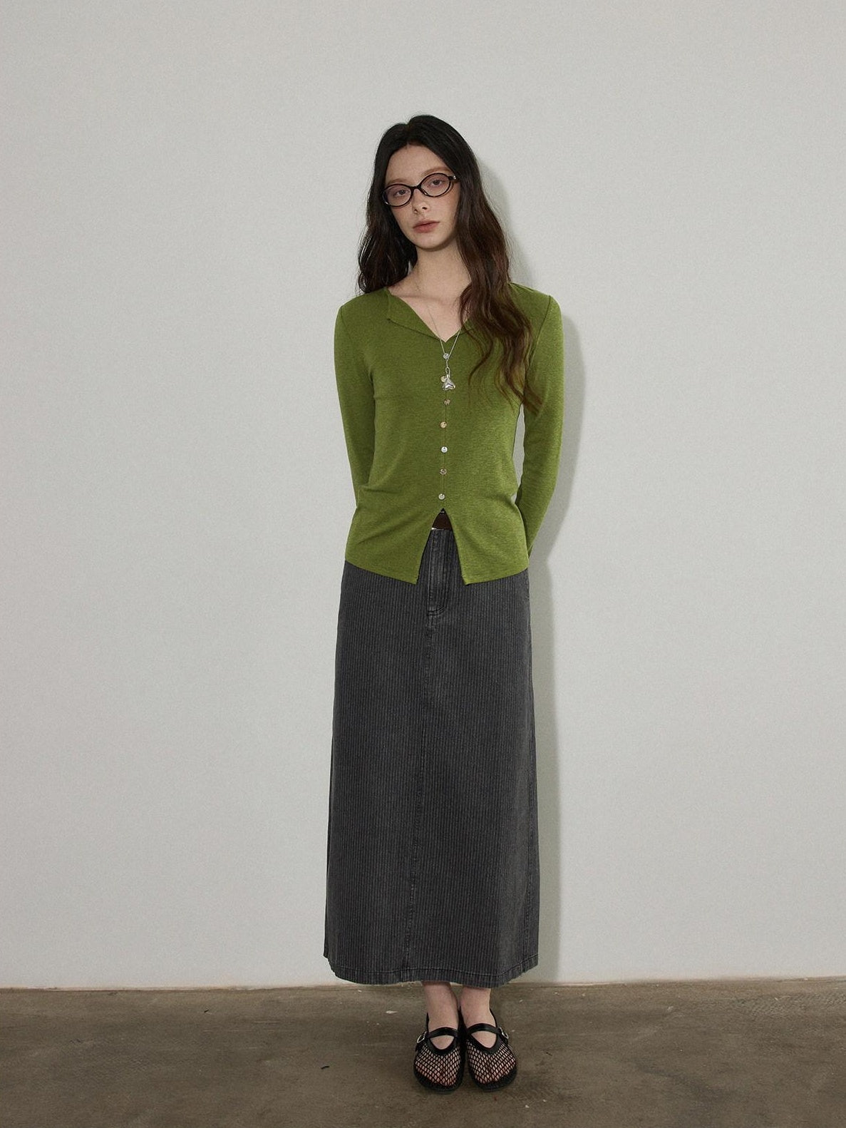 Lofi choose Cotton Stretch V-neck Slim Fit Office Women Yellow Green Long Sleeve T-Shirts