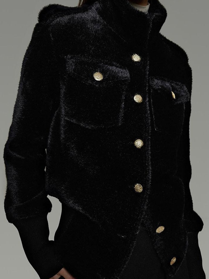unspoken Tailored Slim Minimalist Commuter Stand Collar Women Black Short Coat