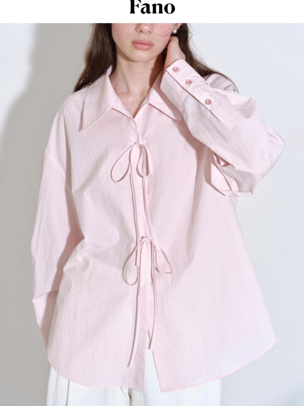 fano Shape Retention Lyocell Blend Korean Work Loose Turn Collar Pink Women Blouses