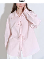 fano Shape Retention Lyocell Blend Korean Work Loose Turn Collar Pink Women Blouses