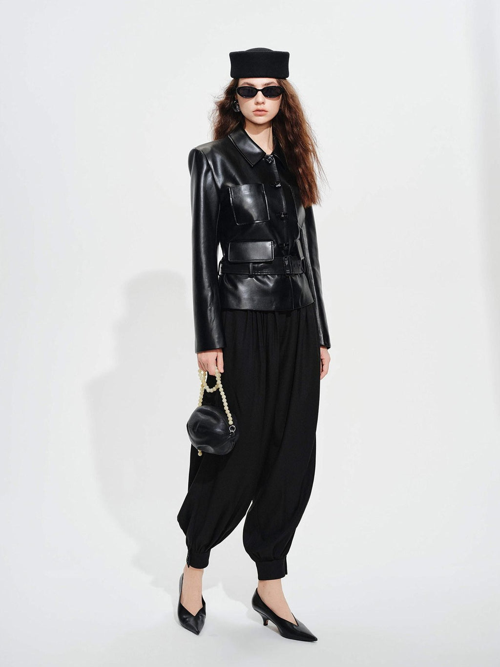 audreyyang Belted Lambskin Slim Fit Short Lapel Long Sleeve Black Genuine Leather Jackets