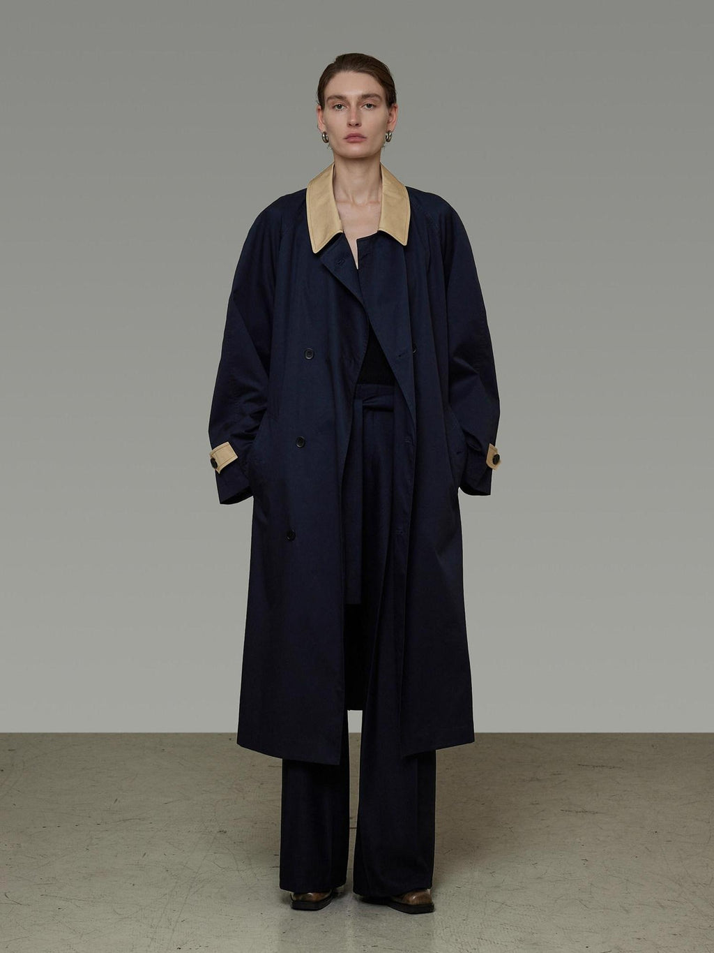 unspoken Minimal Commuter Cotton Loose Fit Single Breasted Long Navy Trench Coats