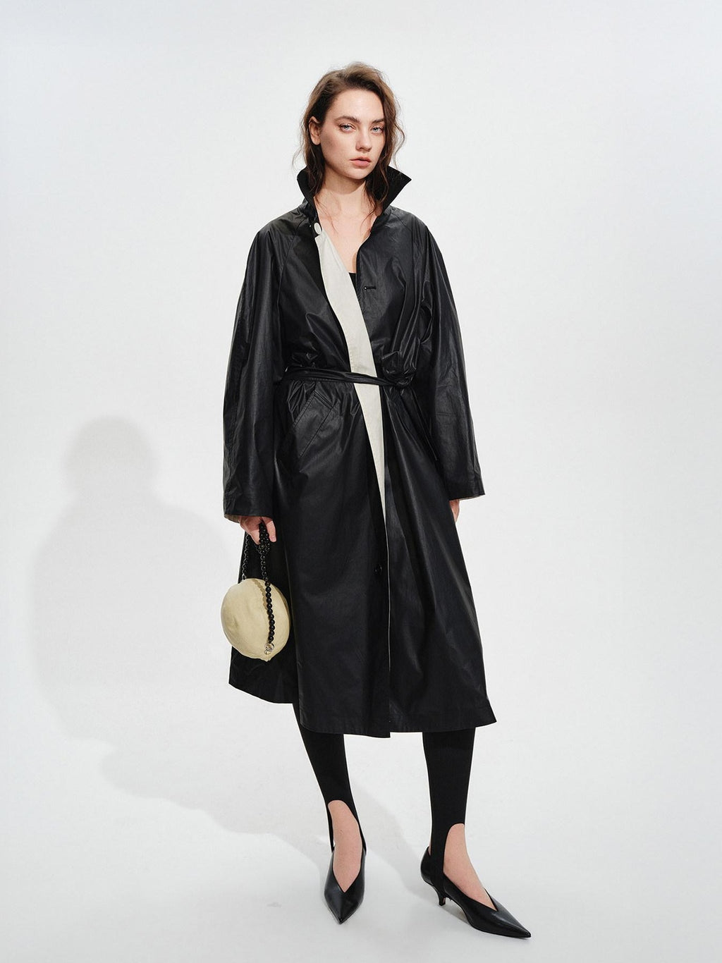 audreyyang Detachable Belt Pure Cotton Loose Long Single Breasted Women Black Trench Coats