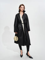 audreyyang Detachable Belt Pure Cotton Loose Long Single Breasted Women Black Trench Coats
