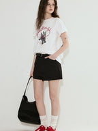 fano Cotton Blend Korean Loose Fit Crewneck Women White Printed Short Sleeve T-Shirts