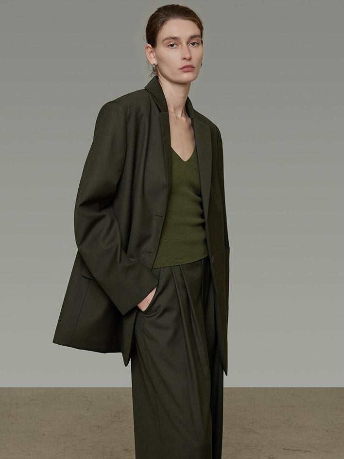 unspoken Breathable Dark Green Loose Lapel Blazer High Waist Casual Top & Skirt Sets