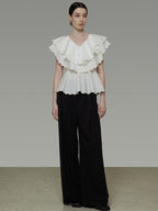 unspoken Breathable Cotton Blend Ruffle Collar Loose Minimal Commuter Women Blouses