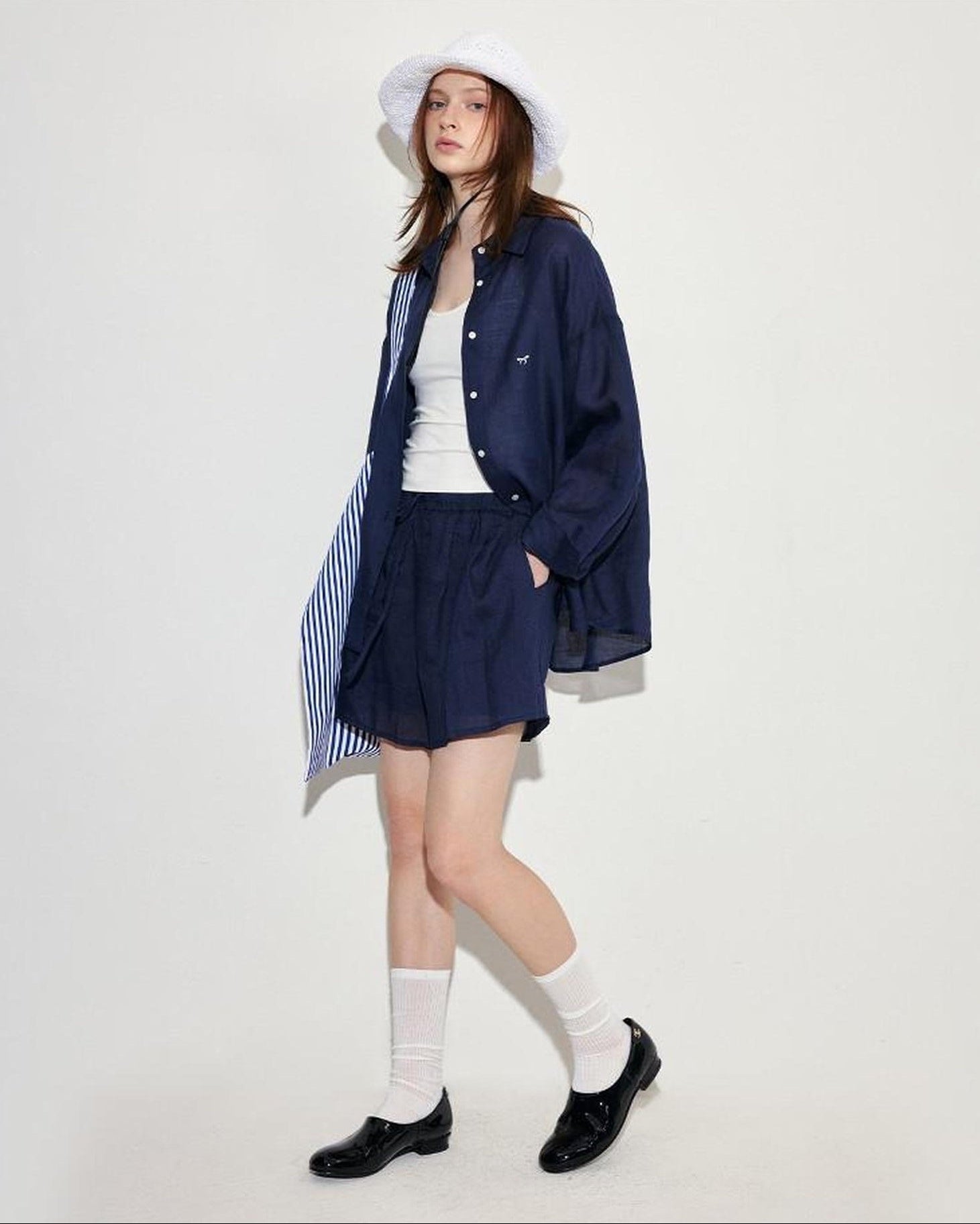 fano Comfortable Collared Long Sleeve Navy Two Piece Women Top & Shorts Sets