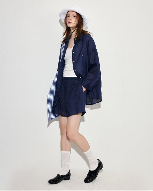 fano Comfortable Collared Long Sleeve Navy Two Piece Women Top & Shorts Sets