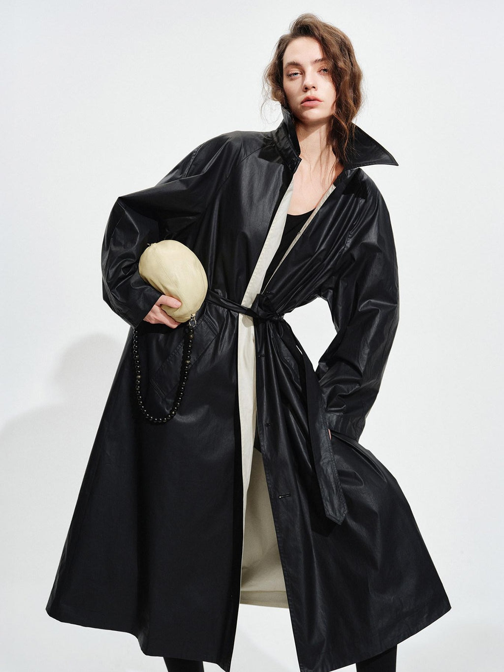 audreyyang Detachable Belt Pure Cotton Loose Long Single Breasted Women Black Trench Coats