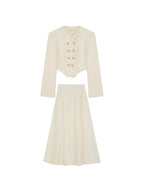 unspoken Original Design Double Breasted Cream Straight Fit Long Sleeve Top & Skirt Sets