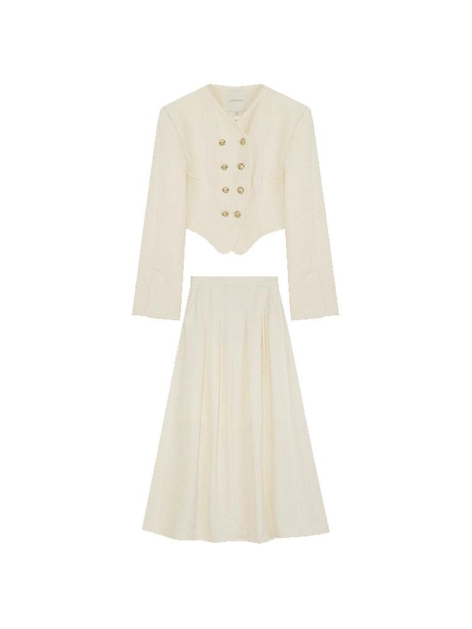 unspoken Original Design Double Breasted Cream Straight Fit Long Sleeve Top & Skirt Sets