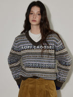 Lofi choose Cozy Thick V-neck Oversized Commuter Knit Pullover Brown Sweaters