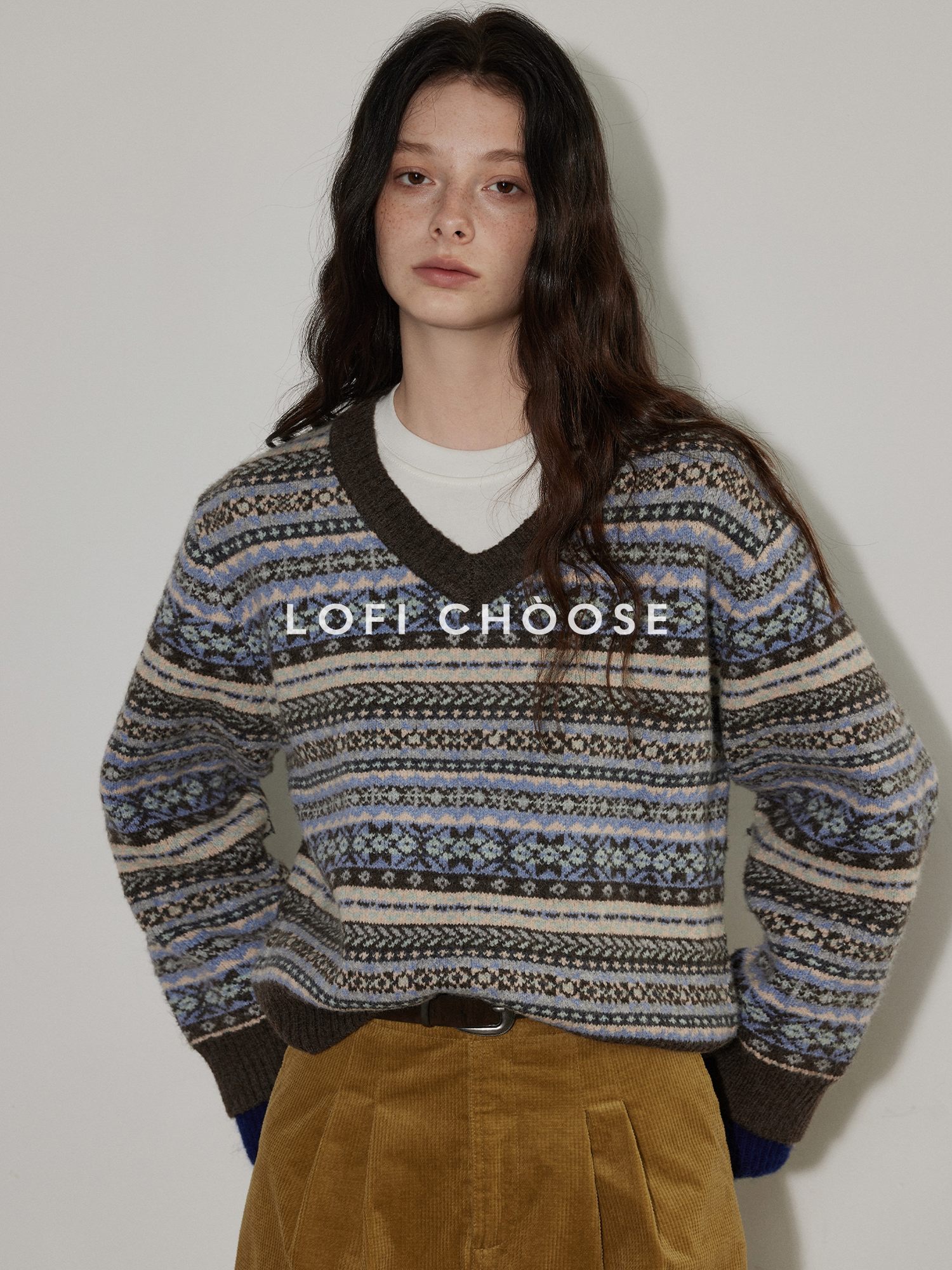 Lofi choose Cozy Thick V-neck Oversized Commuter Knit Pullover Brown Sweaters