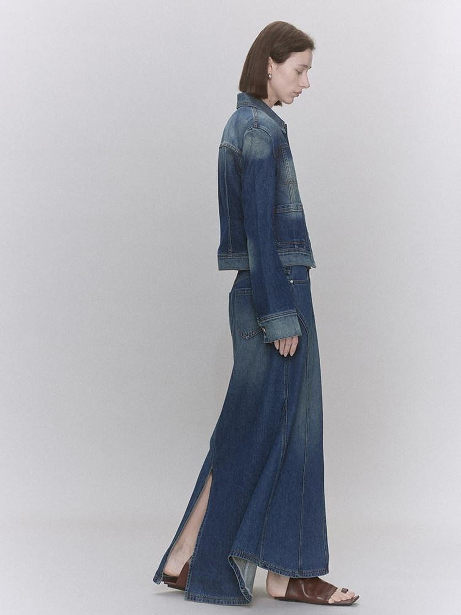 someone sometimes Distressed Low Waist Workwear Aline Fishtail Womens Denim Maxi Skirts