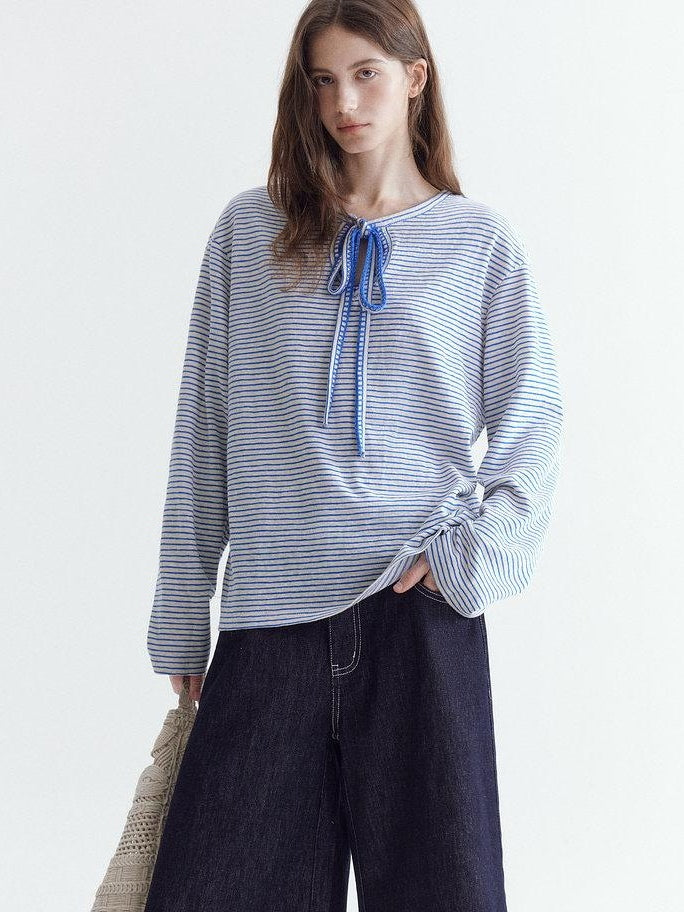 fano Space Cotton Blue White Fine Stripe Office Women Long Sleeve T-Shirts