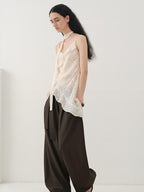 someonesometimes Minimalist Work Natural Waist Button Tea Brown Stretch Wide Leg Pants
