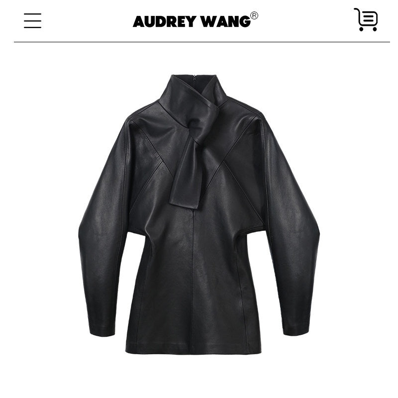 audreyyang_Sheepskin_Leather_Cinched_Waist_French_Tie_Neck_A_Line_Work_Date_Midi_Dresses_MISSTT