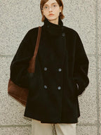 fano Double Breasted Stand Collar Commuter Loose Fit Women Black Pocket Wool Coats
