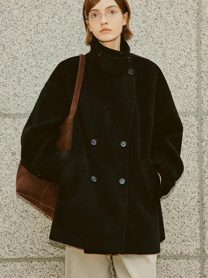 fano Double Breasted Stand Collar Commuter Loose Fit Women Black Pocket Wool Coats
