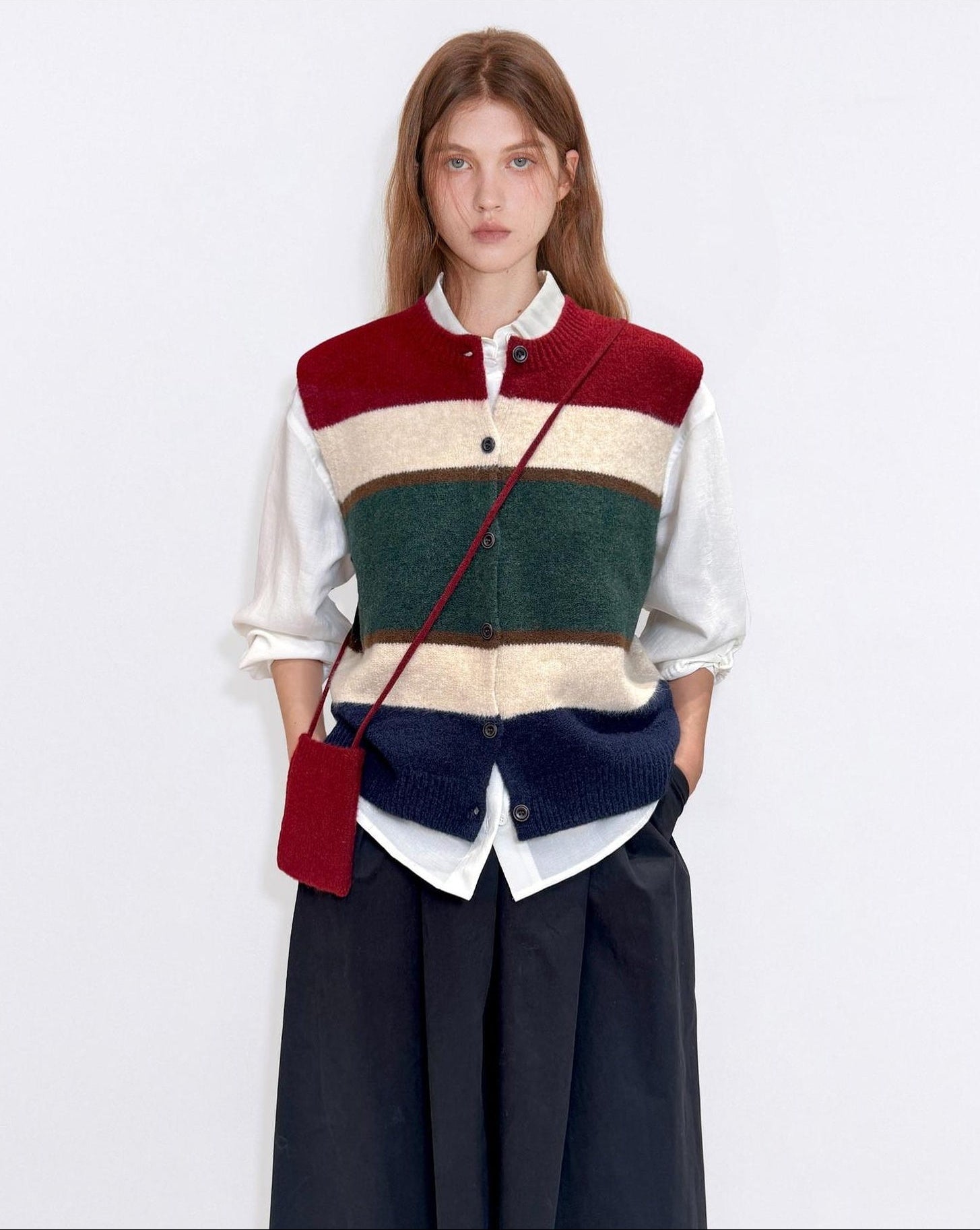 fano Warm Korean Commuter Straight Stripe Round Neck Women Acrylic Cardigans