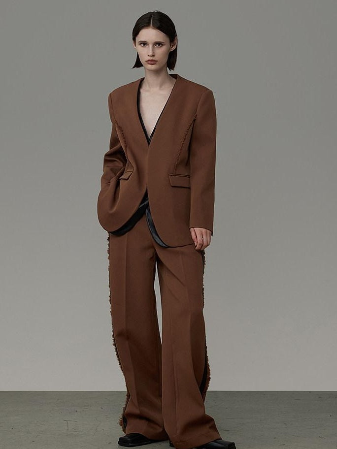 unspoken High Cotton Blend Minimalist Tailored Contrast Brown Black Women Top & Pants Sets