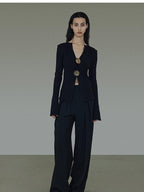 unspoken Side Slit Slim Fit Casual V-neck Button Long Sleeve Black Women Knit Cardigans
