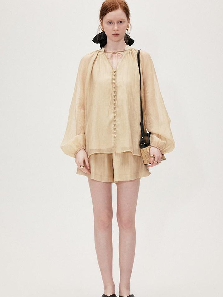 fano Soft Tencel V-neck Long Sleeve Pullover Casual Two Piece Women Blouses