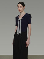 unspoken Soft Viscose Knit Slim Fit Colorblock Tie Women Office Short Sleeve T-Shirts