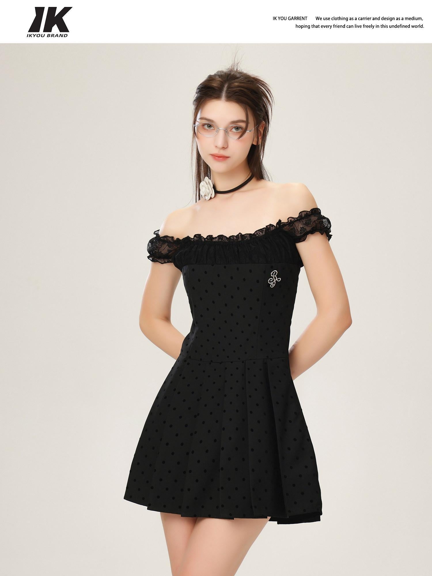 ikyou Waist Defining Lace Minimalist Off Shoulder A Line Black Midi Dresses